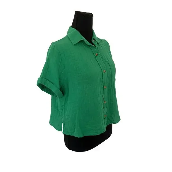 Old Navy Crinkle Gauze Button Down Shirt Green Loose Fit Short Sleeve NWT XS - Picture 5 of 11